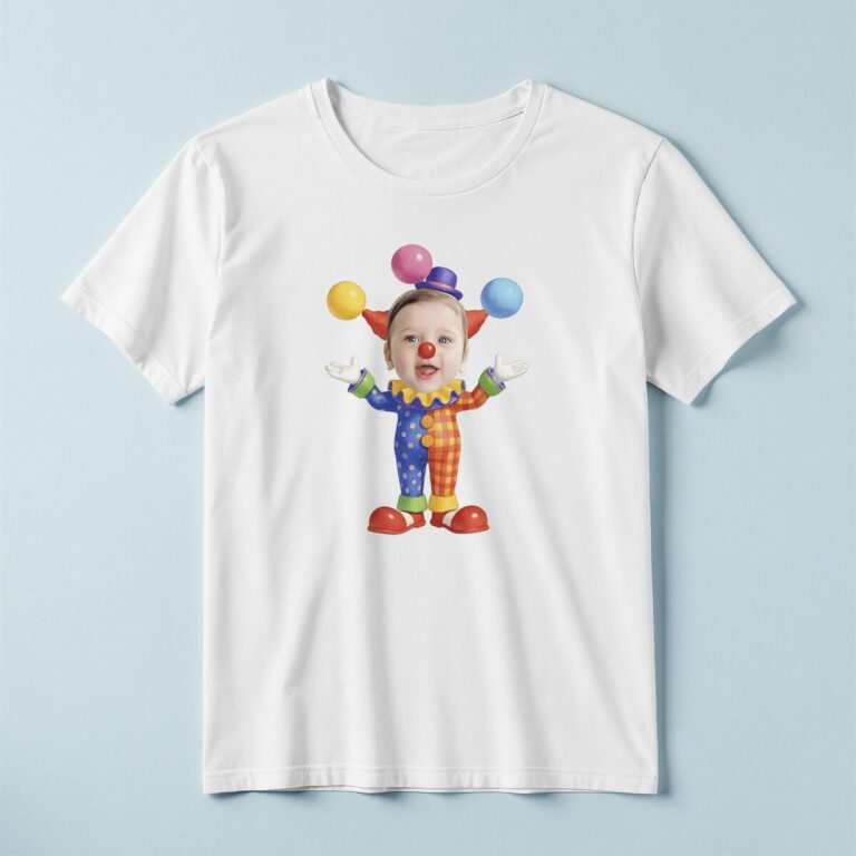 Custom Balloon-Themed Circus Clown Face Cutout – T-shirt Custom Balloon-Themed Circus Clown Face Cutout shown on a T-shirt mockup