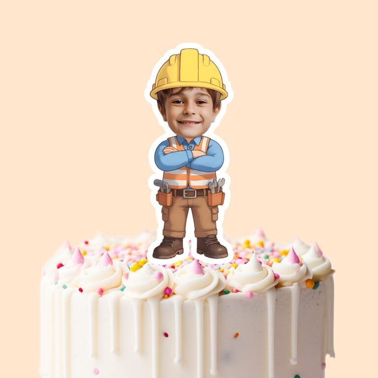 Custom Construction Worker with Tool Belt Face Cutout – Cake Topper Custom Construction Worker with Tool Belt Face Cutout shown on a cake topper mockup