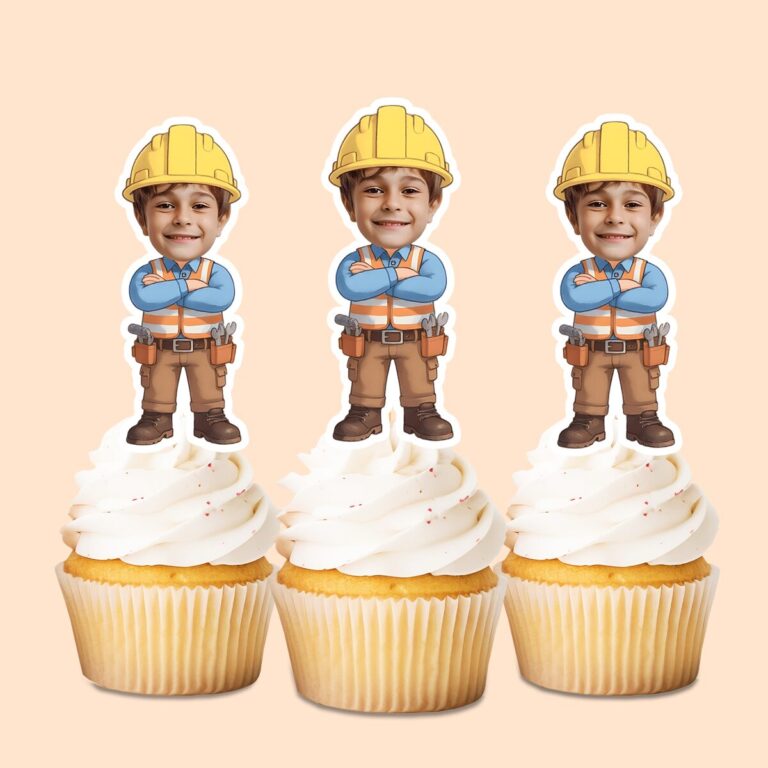 Custom Construction Worker with Tool Belt Face Cutout – Cupcake Topper Custom Construction Worker with Tool Belt Face Cutout shown on a cupcake topper mockup