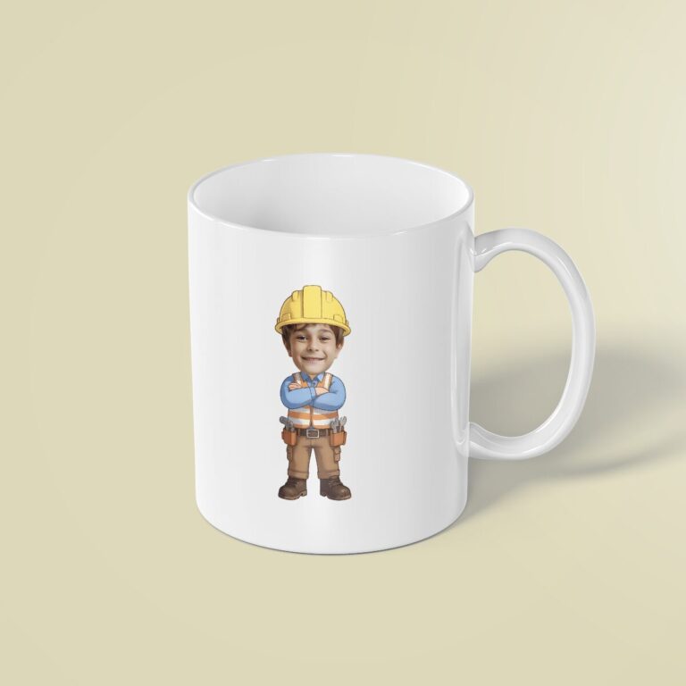 Custom Construction Worker with Tool Belt Face Cutout – Mug Custom Construction Worker with Tool Belt Face Cutout shown on a mug mockup