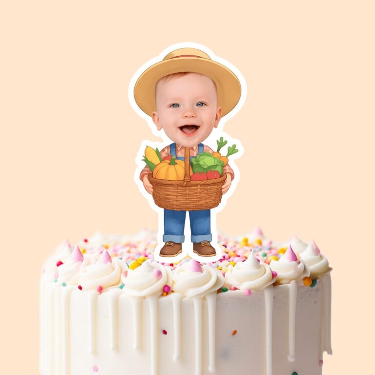 Custom Farmer Carrying Vegetables Face Cutout – Cake Topper Custom Farmer Carrying Vegetables Face Cutout shown on a cake topper mockup