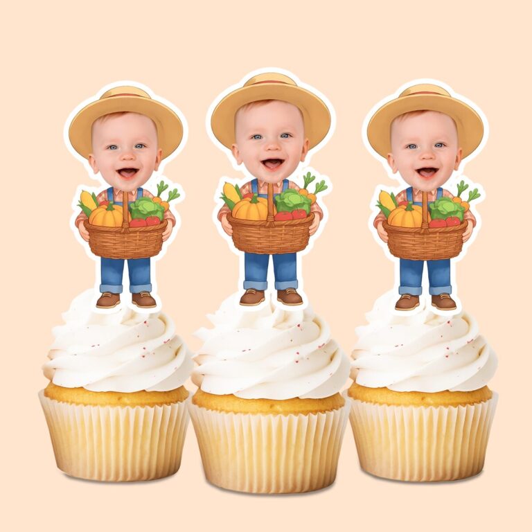 Custom Farmer Carrying Vegetables Face Cutout – Cupcake Topper Custom Farmer Carrying Vegetables Face Cutout shown on a cupcake topper mockup