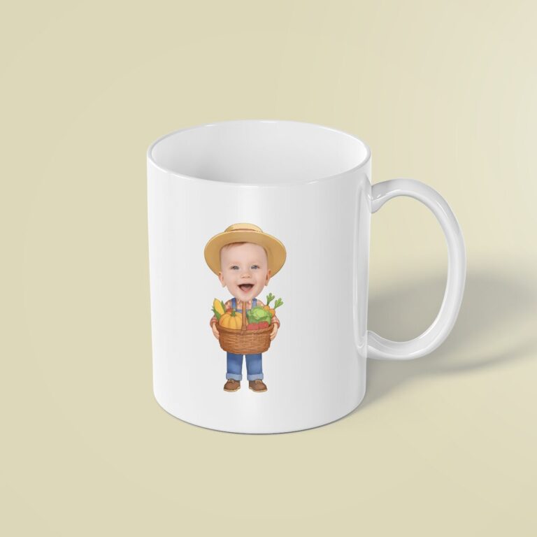 Custom Farmer Carrying Vegetables Face Cutout – Mug Custom Farmer Carrying Vegetables Face Cutout shown on a mug mockup