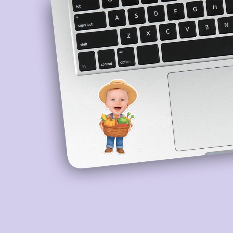 Custom Farmer Carrying Vegetables Face Cutout – Sticker Custom Farmer Carrying Vegetables Face Cutout shown on a sticker mockup