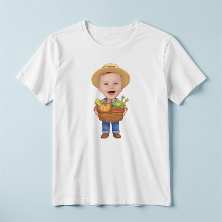 Custom Farmer Carrying Vegetables Face Cutout – T-shirt Custom Farmer Carrying Vegetables Face Cutout shown on a T-shirt mockup