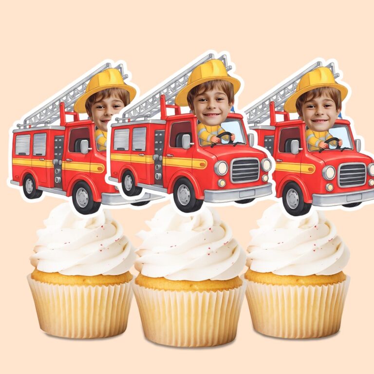 Custom Firefighter Driving a Ladder Truck Face Cutout – Cupcake Topper Custom Firefighter Driving a Ladder Truck Face Cutout shown on a cupcake topper mockup