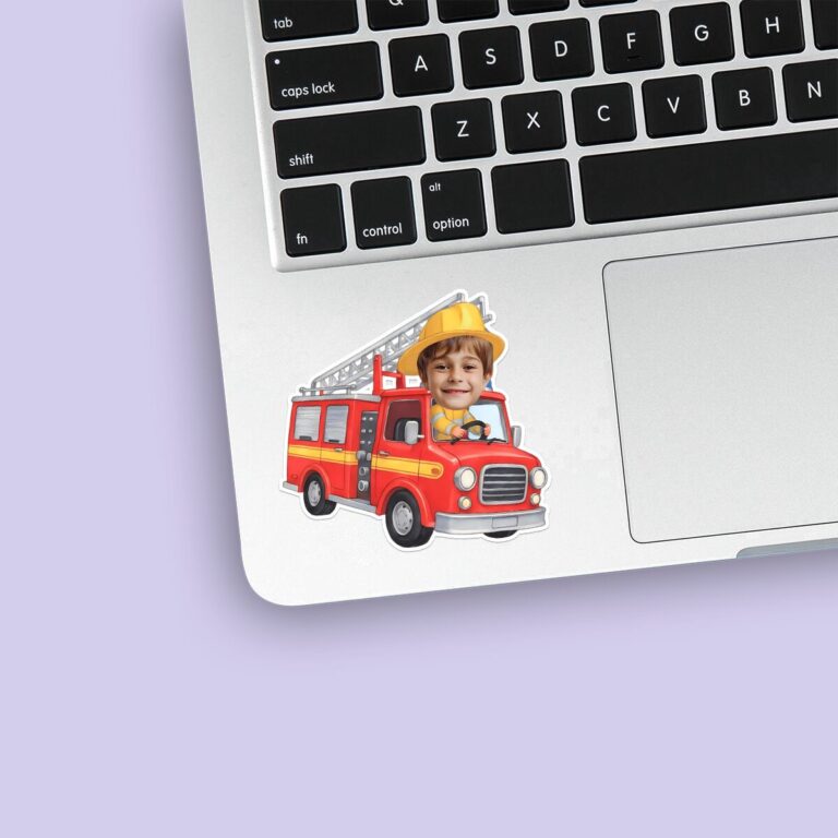 Custom Firefighter Driving a Ladder Truck Face Cutout – Sticker Custom Firefighter Driving a Ladder Truck Face Cutout shown on a sticker mockup