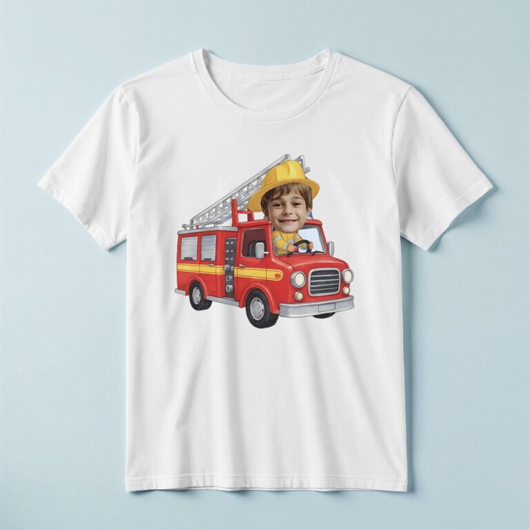 Custom Firefighter Driving a Ladder Truck Face Cutout – T-shirt Custom Firefighter Driving a Ladder Truck Face Cutout shown on a T-shirt mockup