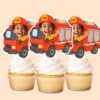 Custom Firefighter Red Helmet Labeled Fire Face Cutout – Cupcake Topper Custom Firefighter Red Helmet Labeled Fire Face Cutout shown on a cupcake topper mockup