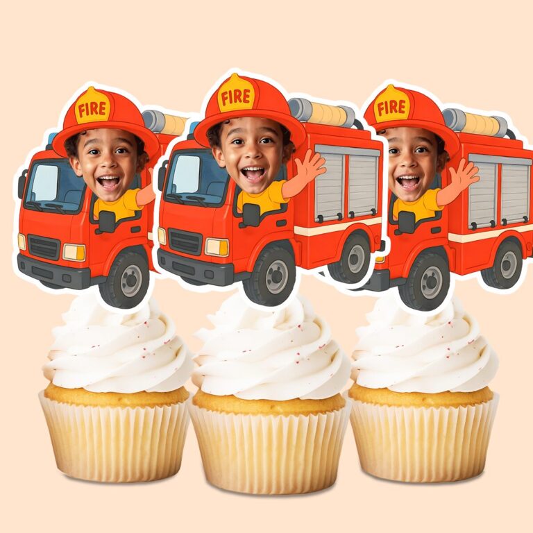 Custom Firefighter Red Helmet Labeled Fire Face Cutout – Cupcake Topper Custom Firefighter Red Helmet Labeled Fire Face Cutout shown on a cupcake topper mockup