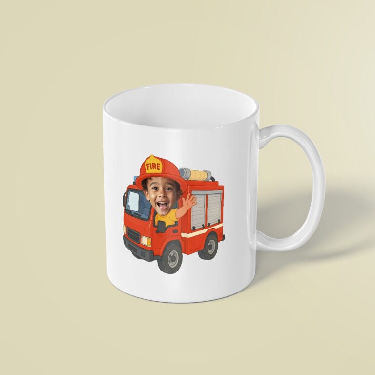 Custom Firefighter Red Helmet Labeled Fire Face Cutout – Mug Custom Firefighter Red Helmet Labeled Fire Face Cutout shown on a mug mockup