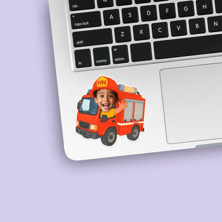 Custom Firefighter Red Helmet Labeled Fire Face Cutout – Sticker Custom Firefighter Red Helmet Labeled Fire Face Cutout shown on a sticker mockup