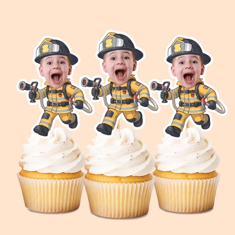 Custom Running Firefighter with Hose Nozzle Face Cutout – Cupcake Topper Custom Running Firefighter with Hose Nozzle Face Cutout shown on a cupcake topper mockup