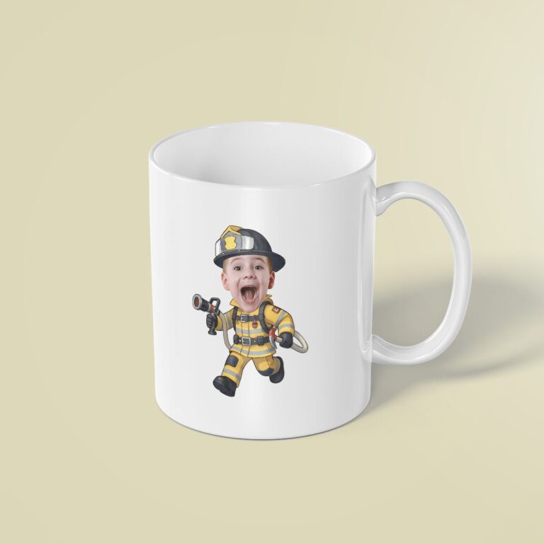 Custom Running Firefighter with Hose Nozzle Face Cutout – Mug Custom Running Firefighter with Hose Nozzle Face Cutout shown on a mug mockup