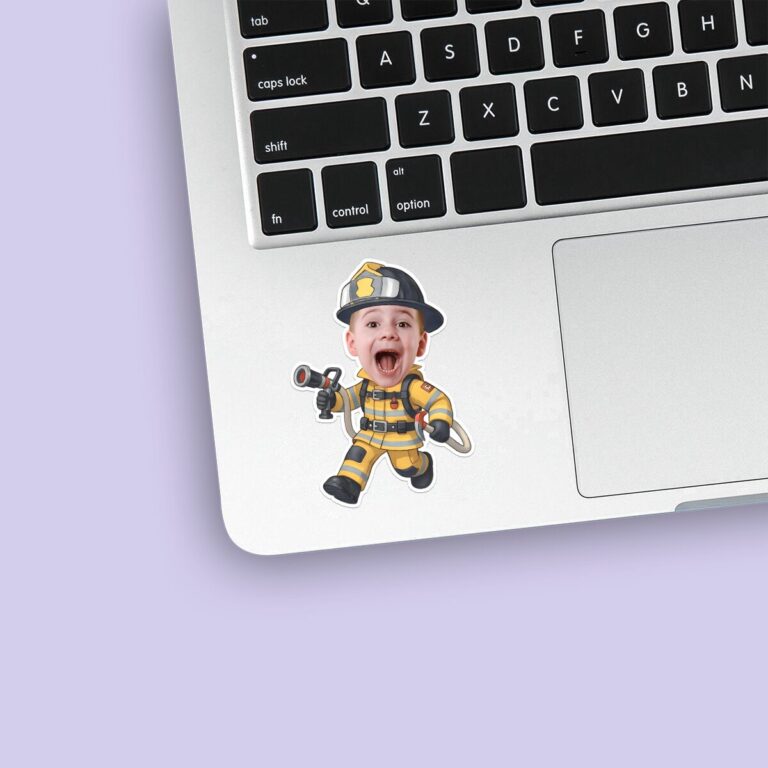Custom Running Firefighter with Hose Nozzle Face Cutout – Sticker Custom Running Firefighter with Hose Nozzle Face Cutout shown on a sticker mockup