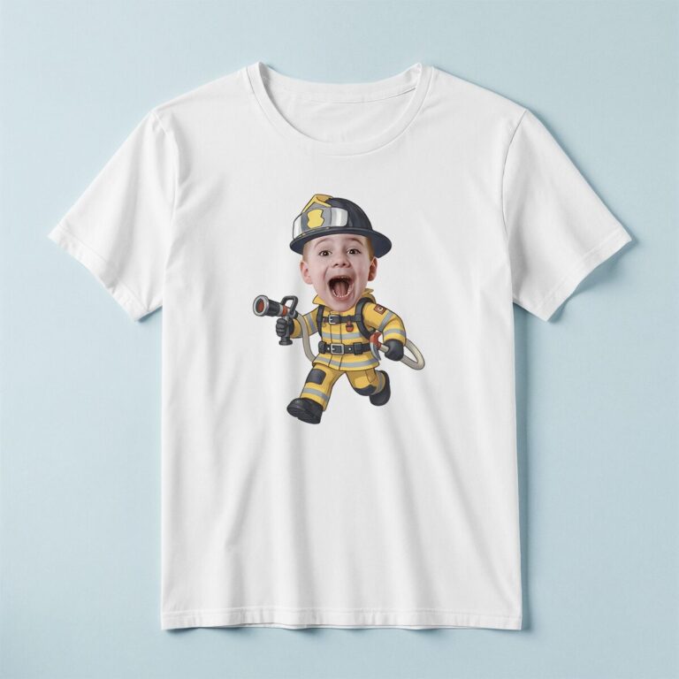 Custom Running Firefighter with Hose Nozzle Face Cutout – T-shirt Custom Running Firefighter with Hose Nozzle Face Cutout shown on a T-shirt mockup