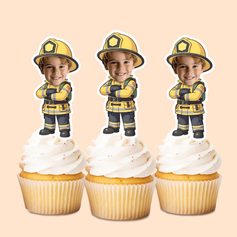 Custom Firefighter Standing at Attention Face Cutout – Cupcake Topper Custom Firefighter Standing at Attention Face Cutout shown on a cupcake topper mockup