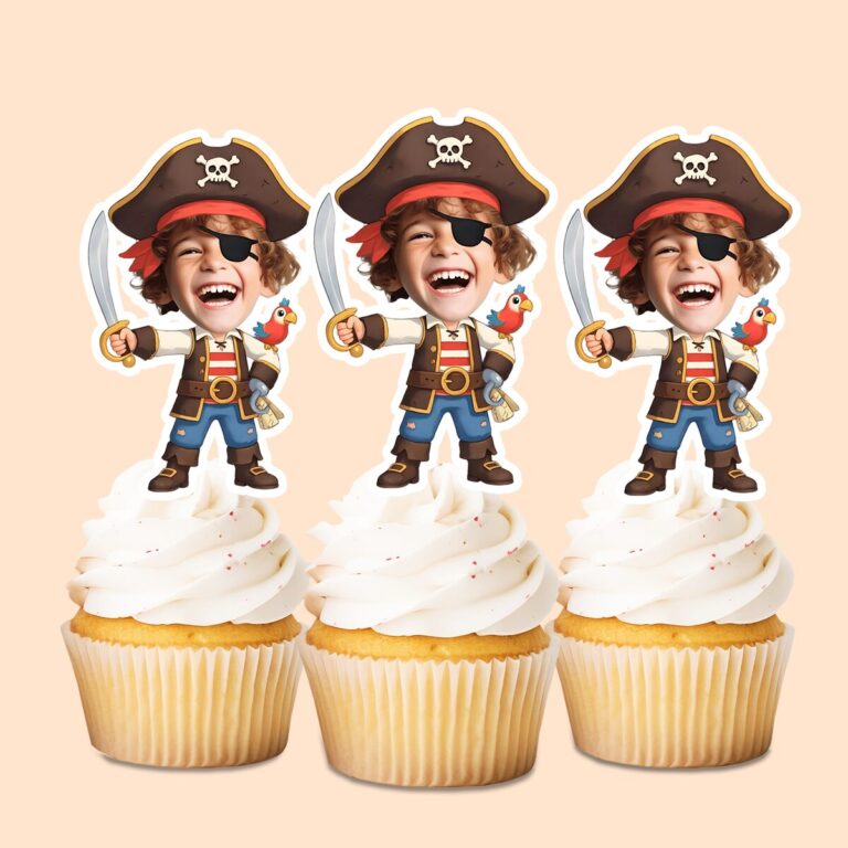 Custom Pirate Captain with Sword and Parrot Face Cutout – Cupcake Topper Custom Pirate Captain with Sword and Parrot Face Cutout shown on a cupcake topper mockup