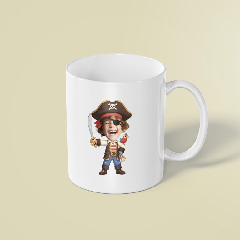 Custom Pirate Captain with Sword and Parrot Face Cutout – Mug Custom Pirate Captain with Sword and Parrot Face Cutout shown on a mug mockup