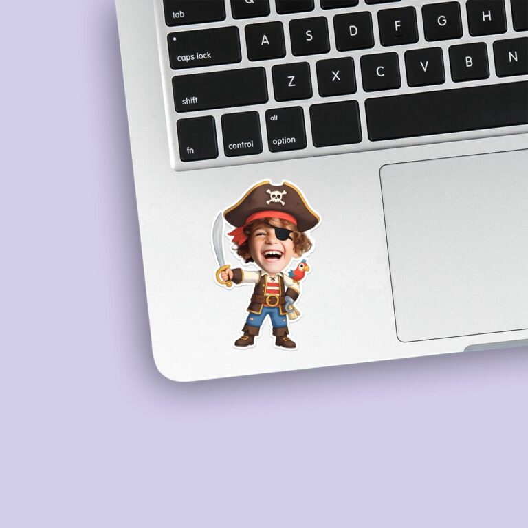 Custom Pirate Captain with Sword and Parrot Face Cutout – Sticker Custom Pirate Captain with Sword and Parrot Face Cutout shown on a sticker mockup