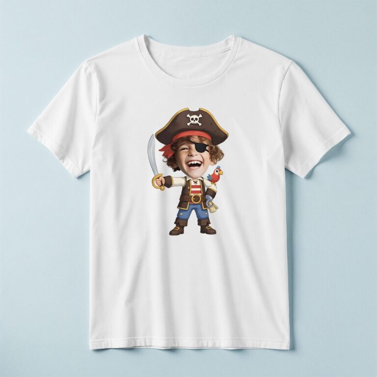 Custom Pirate Captain with Sword and Parrot Face Cutout – T-shirt Custom Pirate Captain with Sword and Parrot Face Cutout shown on a T-shirt mockup