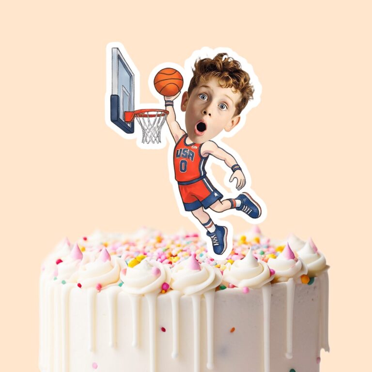 Custom USA Number 0 Basketball Dunker Face Cutout – Cake Topper Custom USA Number 0 Basketball Dunker Face Cutout shown on a cake topper mockup