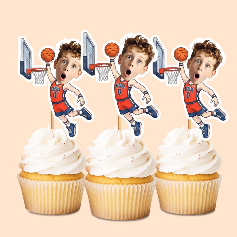 Custom USA Number 0 Basketball Dunker Face Cutout – Cupcake Topper Custom USA Number 0 Basketball Dunker Face Cutout shown on a cupcake topper mockup