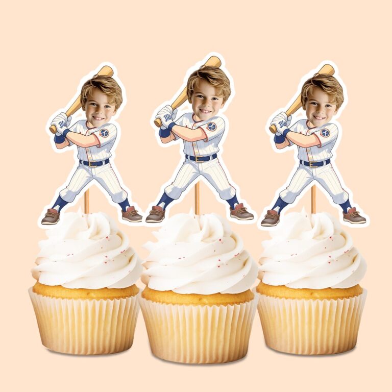 Custom Baseball Batter at the Plate Face Cutout – Cupcake Topper Custom Baseball Batter at the Plate Face Cutout shown on a cupcake topper mockup