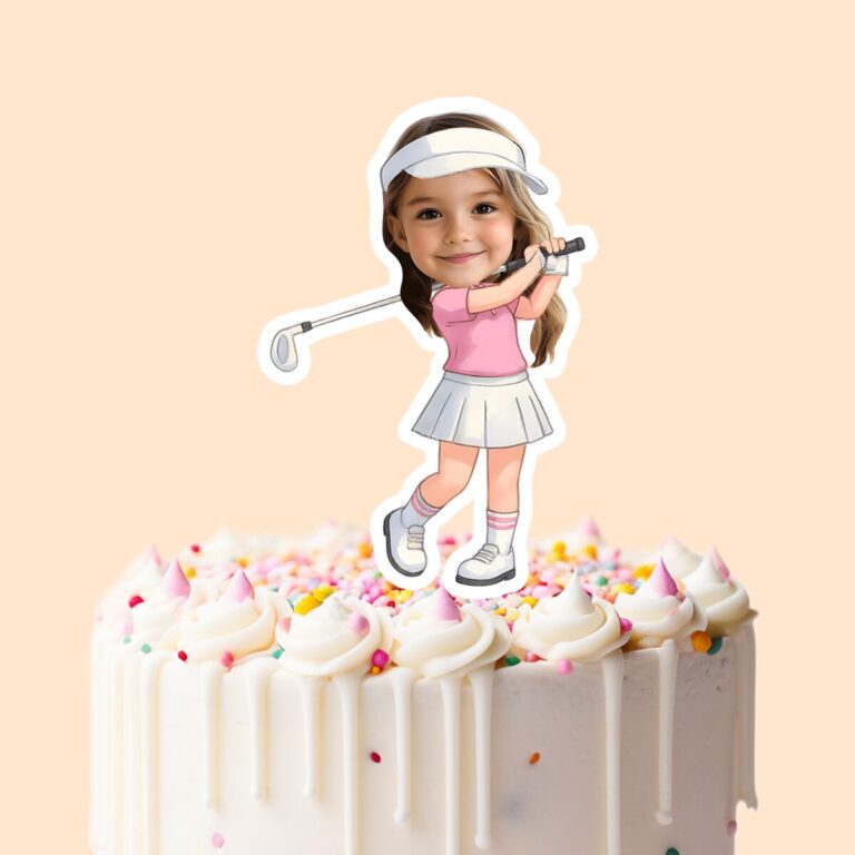 Custom Golfer in a Backswing White Visor Face Cutout – Cake Topper Custom Golfer in a Backswing White Visor Face Cutout shown on a cake topper mockup