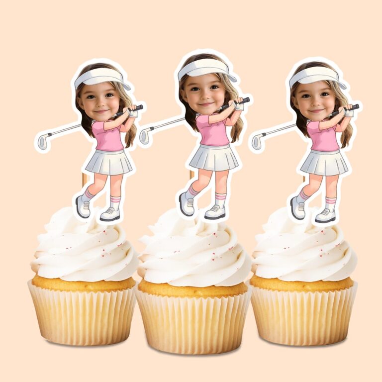 Custom Golfer in a Backswing White Visor Face Cutout – Cupcake Topper Custom Golfer in a Backswing White Visor Face Cutout shown on a cupcake topper mockup