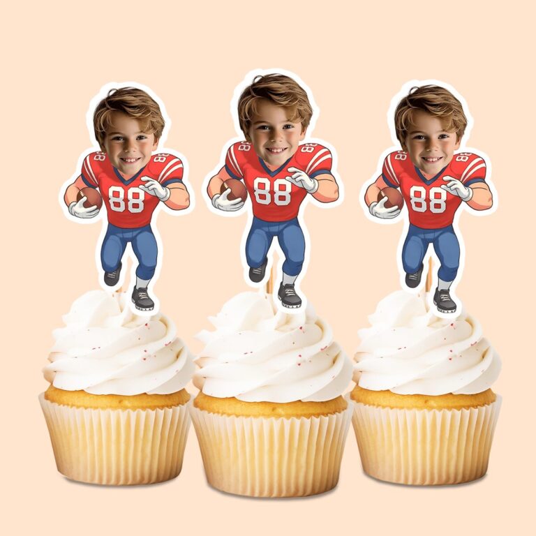 Custom Red Number 88 Football Runner Face Cutout – Cupcake Topper Custom Red Number 88 Football Runner Face Cutout shown on a cupcake topper mockup