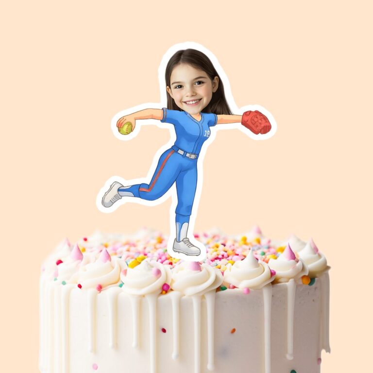 Custom Blue-Uniform Softball Pitcher Face Cutout – Cake Topper Custom Blue-Uniform Softball Pitcher Face Cutout shown on a cake topper mockup