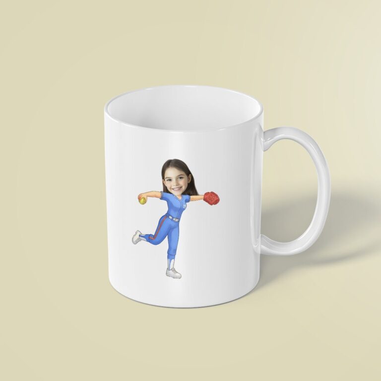 Custom Blue-Uniform Softball Pitcher Face Cutout – Mug Custom Blue-Uniform Softball Pitcher Face Cutout shown on a mug mockup