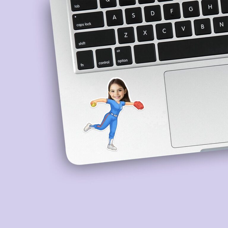 Custom Blue-Uniform Softball Pitcher Face Cutout – Sticker Custom Blue-Uniform Softball Pitcher Face Cutout shown on a sticker mockup
