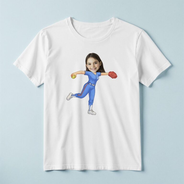 Custom Blue-Uniform Softball Pitcher Face Cutout – T-shirt Custom Blue-Uniform Softball Pitcher Face Cutout shown on a T-shirt mockup