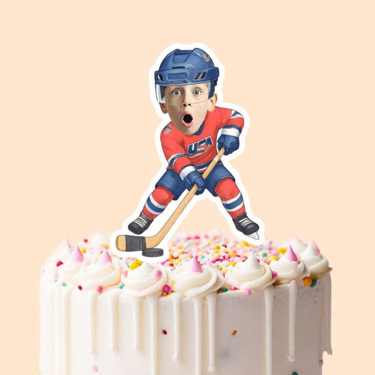 Custom USA Ice Hockey Skater Face Cutout – Cake Topper Custom USA Ice Hockey Skater Face Cutout shown on a cake topper mockup