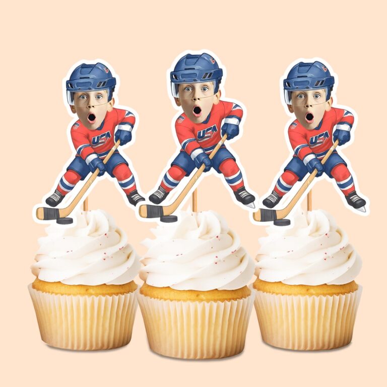 Custom USA Ice Hockey Skater Face Cutout – Cupcake Topper Custom USA Ice Hockey Skater Face Cutout shown on a cupcake topper mockup