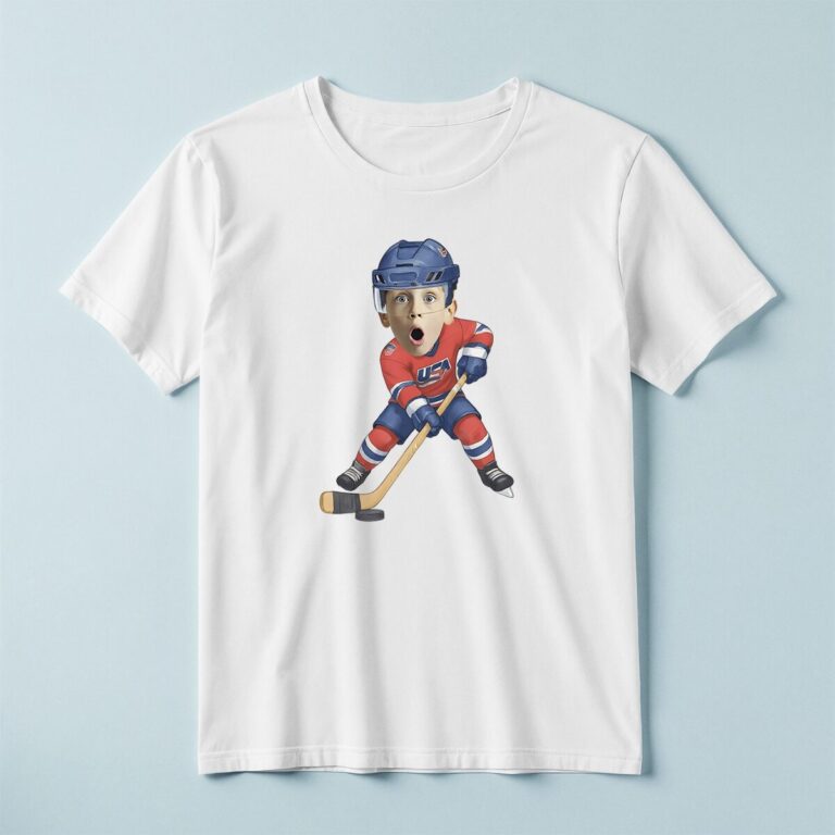 Custom USA Ice Hockey Skater Face Cutout – T-shirt Custom USA Ice Hockey Skater Face Cutout shown on a T-shirt mockup