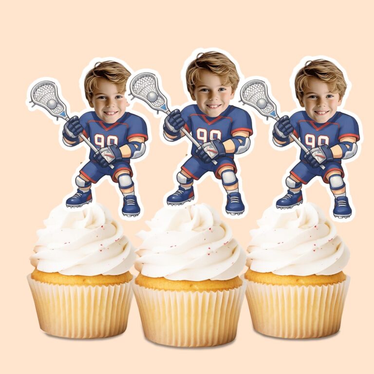 Custom Number 90 Lacrosse Player Face Cutout – Cupcake Topper Custom Number 90 Lacrosse Player Face Cutout shown on a cupcake topper mockup