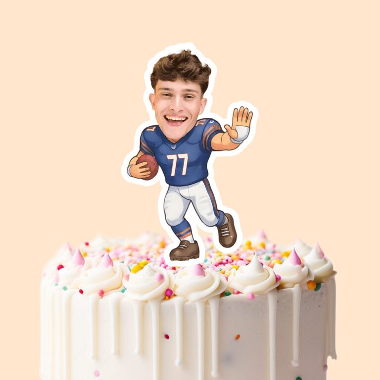 Custom Navy Number 77 Football Runner Face Cutout – Cake Topper Custom Navy Number 77 Football Runner Face Cutout shown on a cake topper mockup