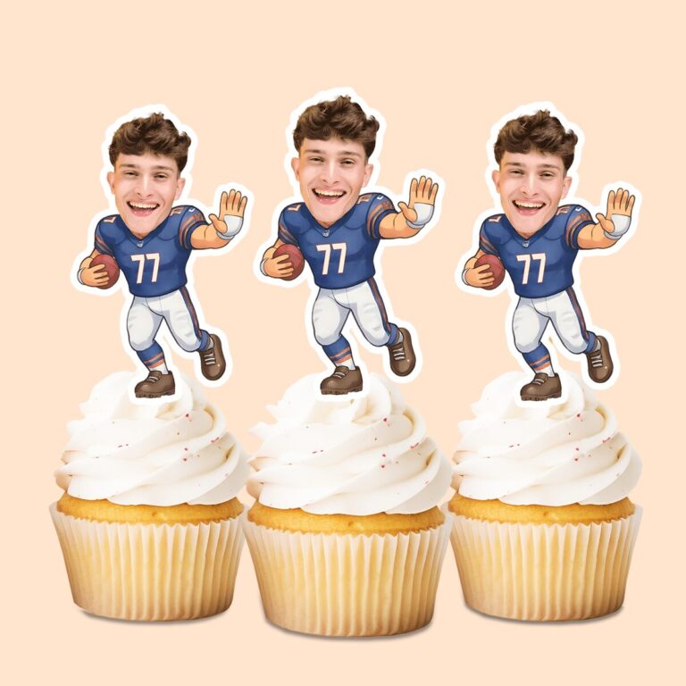 Custom Navy Number 77 Football Runner Face Cutout – Cupcake Topper Custom Navy Number 77 Football Runner Face Cutout shown on a cupcake topper mockup