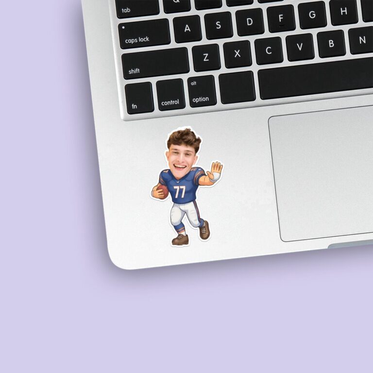 Custom Navy Number 77 Football Runner Face Cutout – Sticker Custom Navy Number 77 Football Runner Face Cutout shown on a sticker mockup