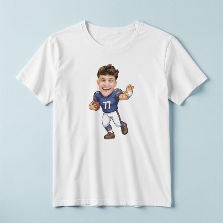 Custom Navy Number 77 Football Runner Face Cutout – T-shirt Custom Navy Number 77 Football Runner Face Cutout shown on a T-shirt mockup