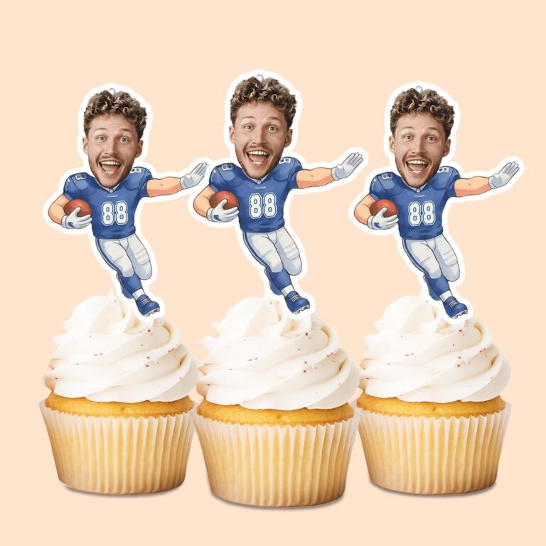 Custom Blue Number 88 Football Runner Face Cutout – Cupcake Topper Custom Blue Number 88 Football Runner Face Cutout shown on a cupcake topper mockup