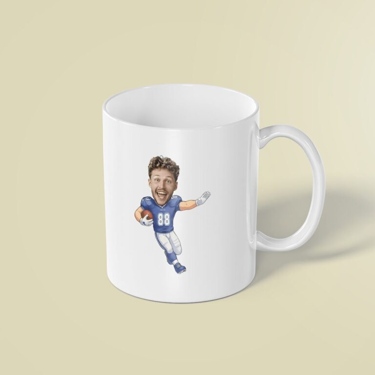Custom Blue Number 88 Football Runner Face Cutout – Mug Custom Blue Number 88 Football Runner Face Cutout shown on a mug mockup