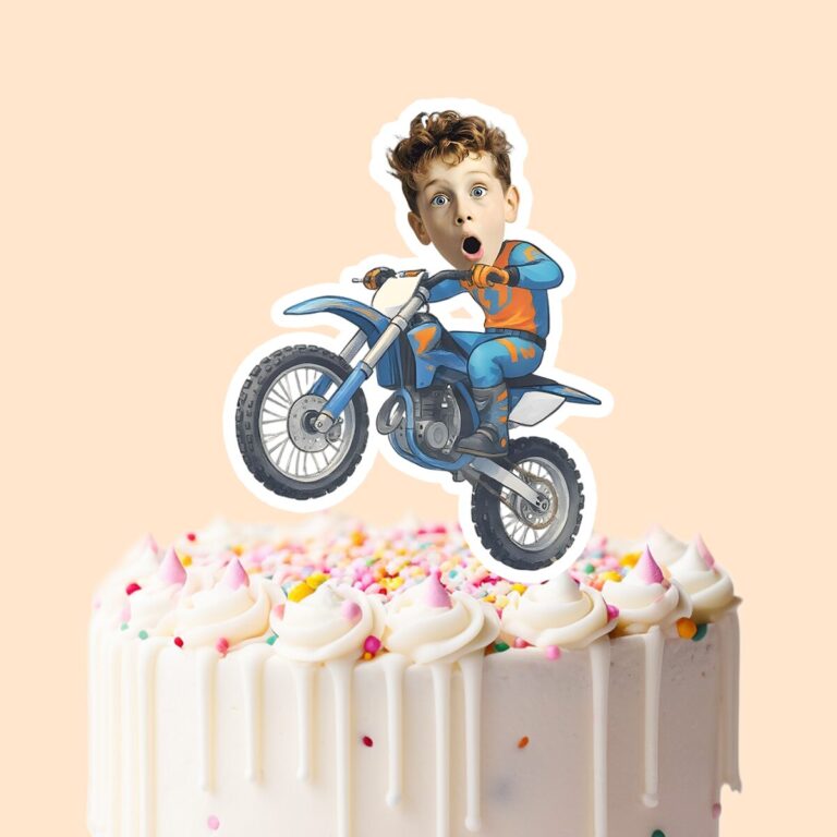 Custom Motocross Rider Performing a Wheelie Face Cutout – Cake Topper Custom Motocross Rider Performing a Wheelie Face Cutout shown on a cake topper mockup