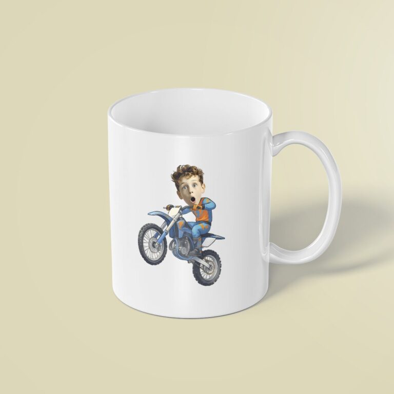 Custom Motocross Rider Performing a Wheelie Face Cutout – Mug Custom Motocross Rider Performing a Wheelie Face Cutout shown on a mug mockup