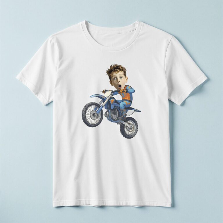 Custom Motocross Rider Performing a Wheelie Face Cutout – T-shirt Custom Motocross Rider Performing a Wheelie Face Cutout shown on a T-shirt mockup