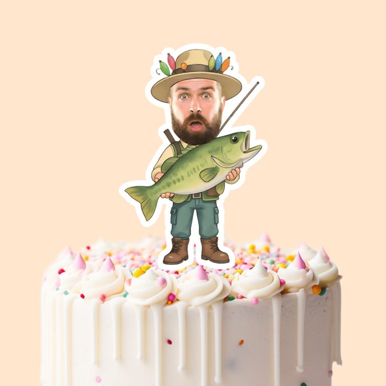 Custom Angler Holding a Trophy Fish Face Cutout – Cake Topper Custom Angler Holding a Trophy Fish Face Cutout shown on a cake topper mockup