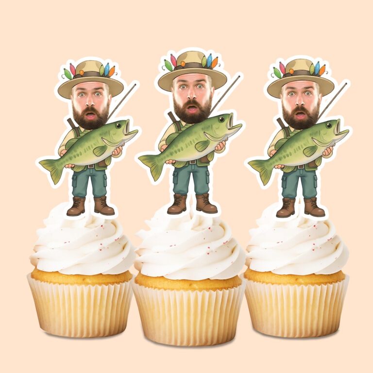 Custom Angler Holding a Trophy Fish Face Cutout – Cupcake Topper Custom Angler Holding a Trophy Fish Face Cutout shown on a cupcake topper mockup